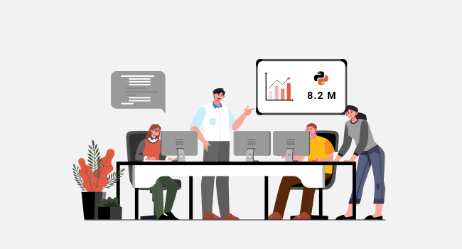 team of developers sitting in front of computers and examining a chart with a python logo