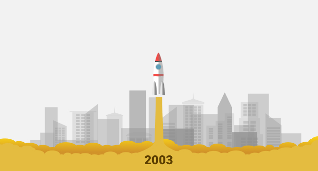 the rocket is starting up from the year 2003 making yellow smog with the skyscrapers on the background