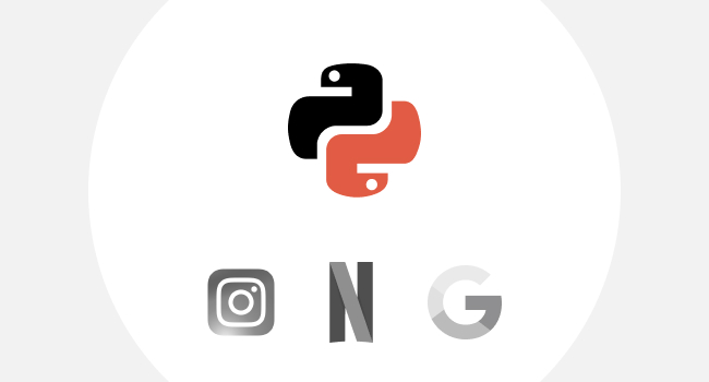 Logos of Python, Google, Netflix and Instagram in a white circle on grey background
