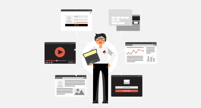 a python developer holding a laptop surrounded by tabs with charts, videos and profiles on grey background