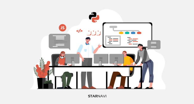 a team of web developers with computer screens working together on grey background