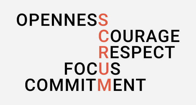 words defining scrum values written horizontally in black letters