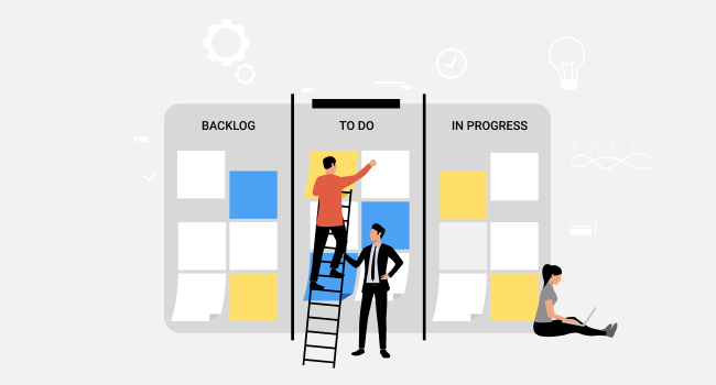 managers with a laptop working in front of the huge chart with task stages