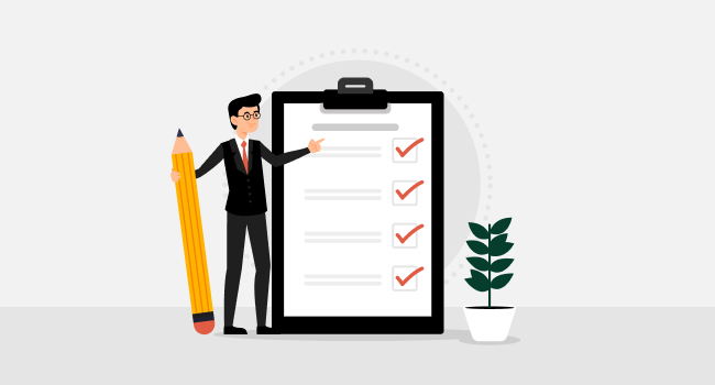 businessman with pencil standing in front of check list on grey background