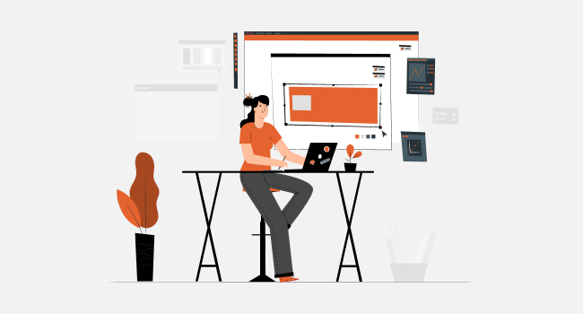 female designer sitting with charts and learning new technologies on a grey background