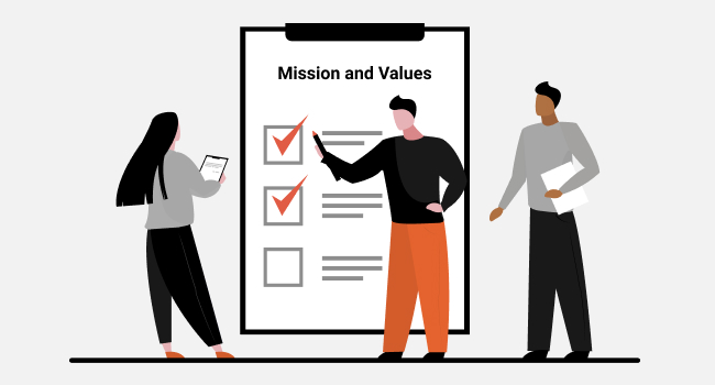 three managers discussing the checklist named mission and values
