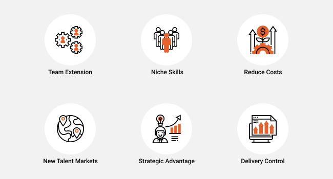 benefits of staff augmentations shown in circles on grey background