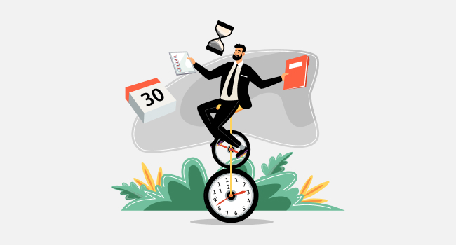 businessman sitting on the wheel and balancing between calendar and charts