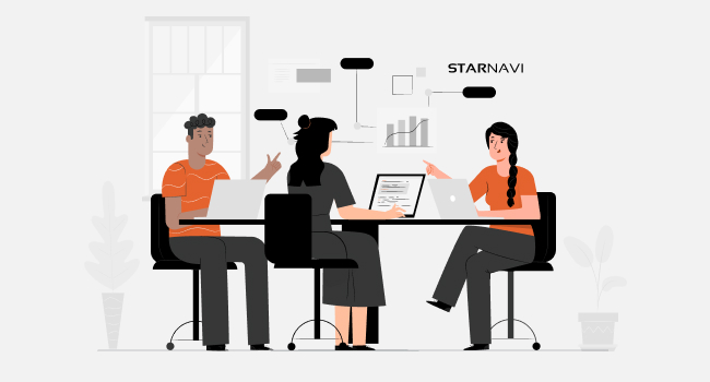 three business managers sitting together with laptops and discussing a chart with the StarNavi logo