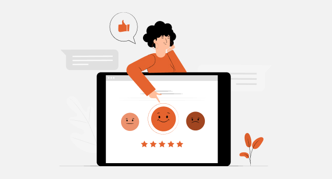 a smiling female with laptop screen pointing at the happy smiley ranked with five stars
