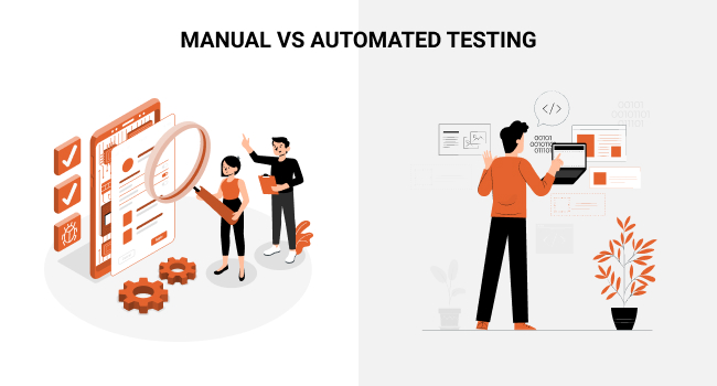 managers working in front of plans and charts showing the difference between manual and automated testing