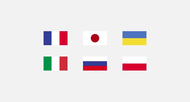 French, Ukrainian, Russian, Italian, Chinese and Polish flags on white background