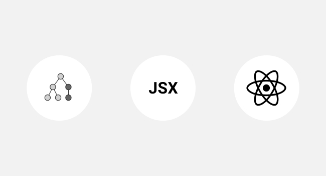 round logos of ReactJS, JSX and React Native on grey background