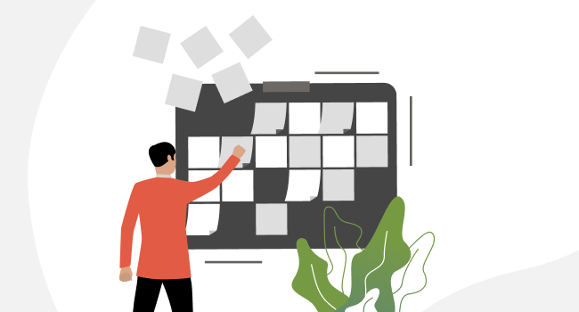 male manager standing in front of the board and sorting the work papers