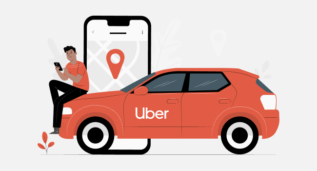 person sitting on the car Uber and studying the on-demand delivery application