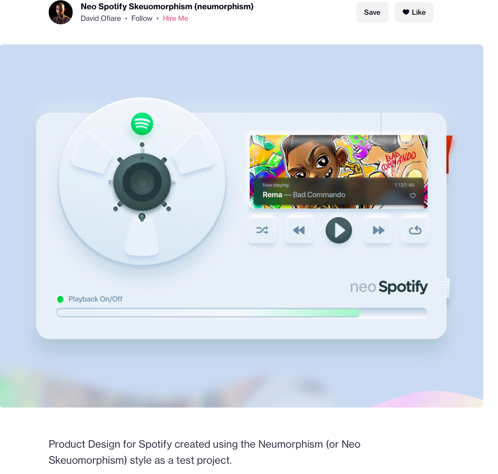 Neumorphism spotify concept by David Ofiare, dribbble