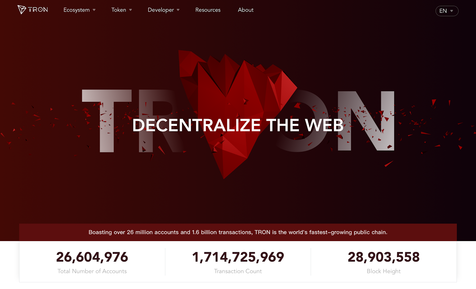 screen main page of website of Tron