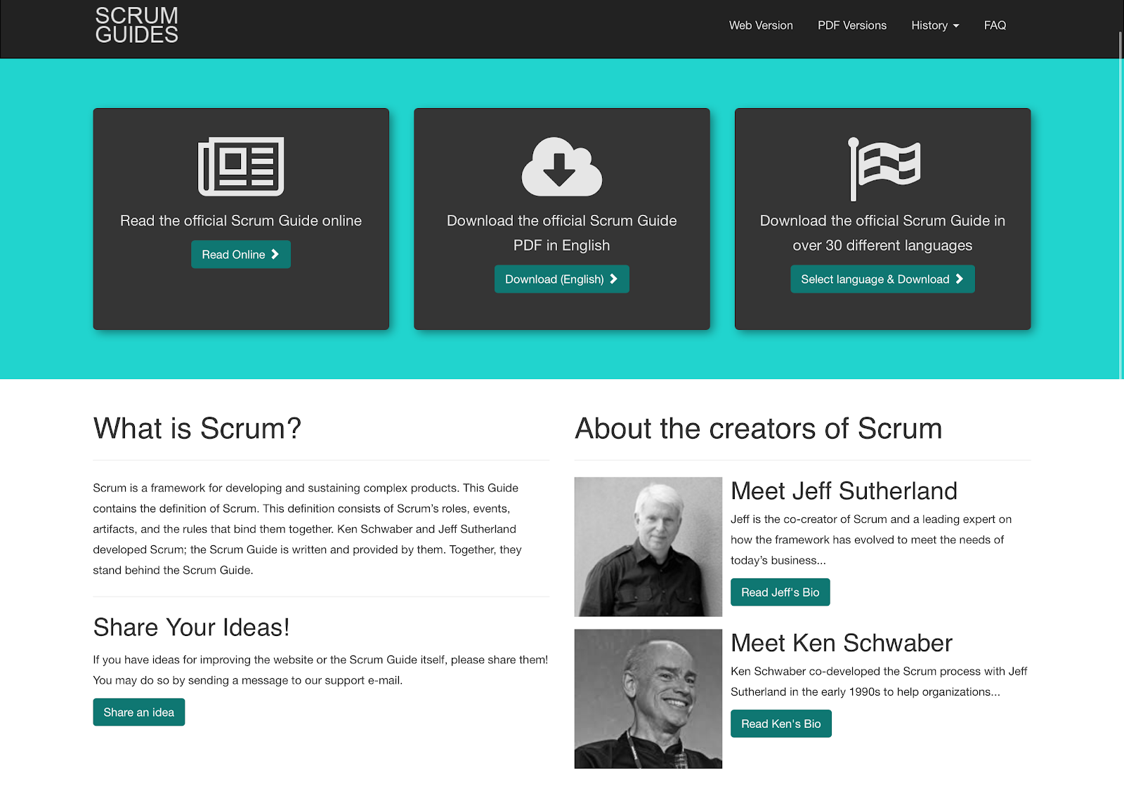 Screen of Scrum Guides page